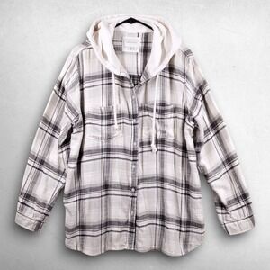 American Eagle Plaid Hooded Button Up Shirt Women L Gray Gorpcore Cabincore SOFT